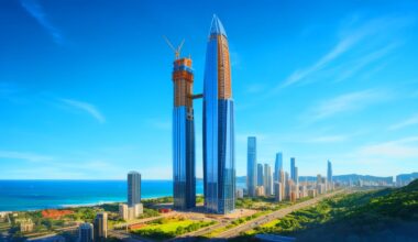 Illustration de la Senna Tower, futur gratte-ciel résidentiel le plus haut du monde, en hommage à Ayrton Senna. Image réalisée par IA.