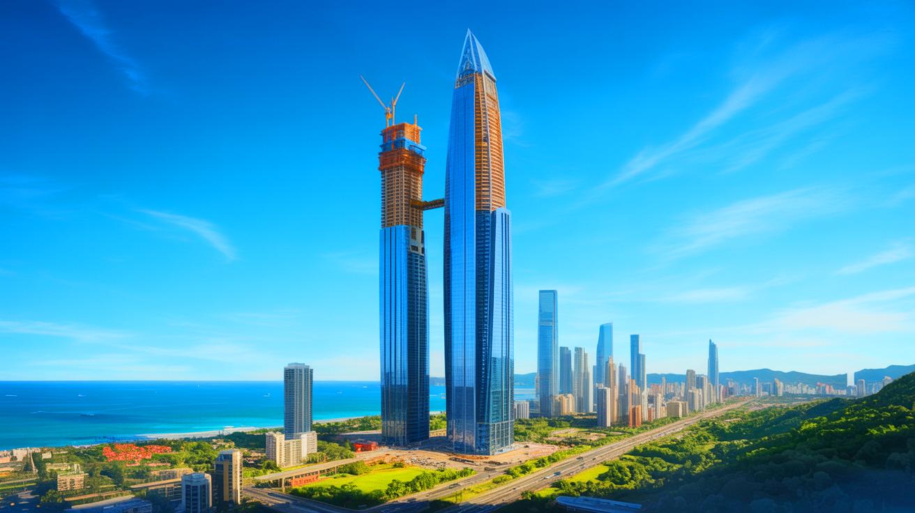 Illustration de la Senna Tower, futur gratte-ciel résidentiel le plus haut du monde, en hommage à Ayrton Senna. Image réalisée par IA.