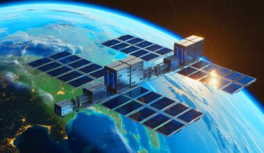 Illustration de centres de données spatiaux alimentés par énergie solaire. Image réalisée par IA.