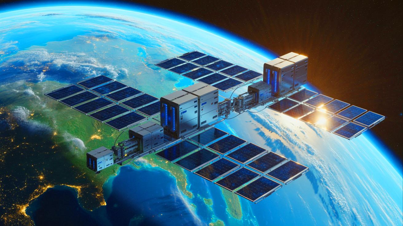 Illustration de centres de données spatiaux alimentés par énergie solaire. Image réalisée par IA.