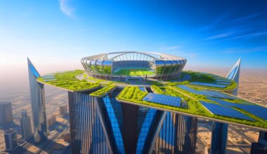 Illustration de la construction d'un stade futuriste au sommet du gratte-ciel LINE en Arabie saoudite pour la Coupe du Monde 2034. Image réalisée par IA.