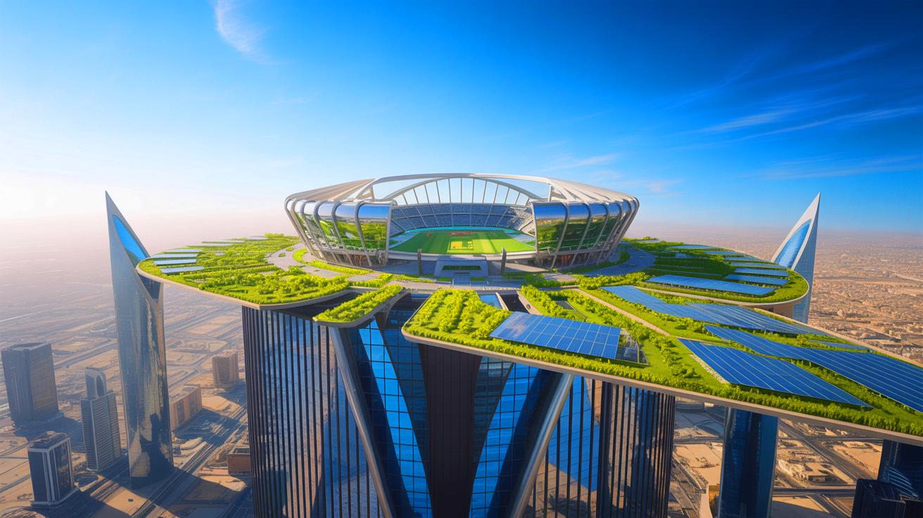 Illustration de la construction d'un stade futuriste au sommet du gratte-ciel LINE en Arabie saoudite pour la Coupe du Monde 2034. Image réalisée par IA.