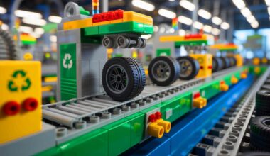 Illustration de pneus LEGO fabriqués à partir de matériaux recyclés. Image réalisée par IA.