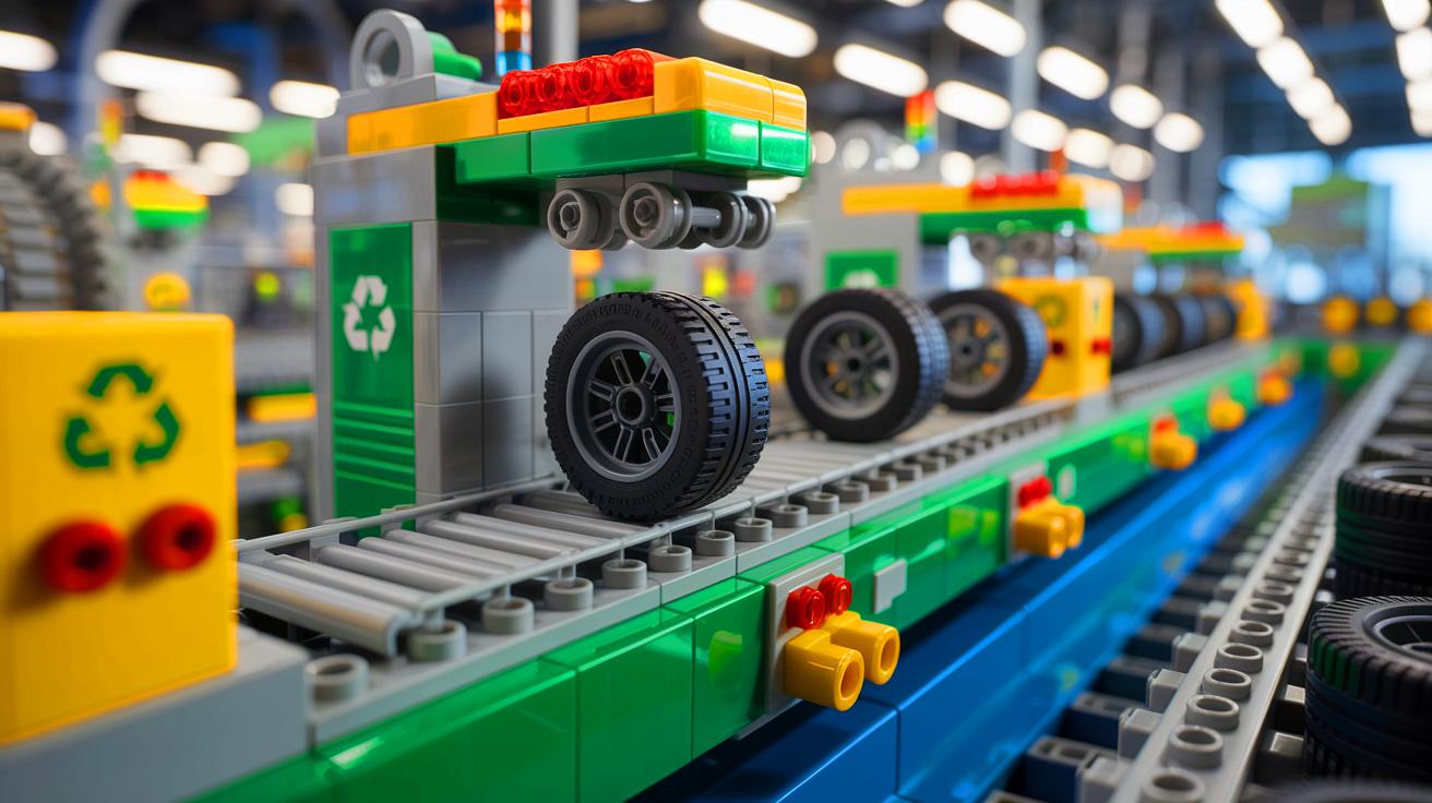 Illustration de pneus LEGO fabriqués à partir de matériaux recyclés. Image réalisée par IA.