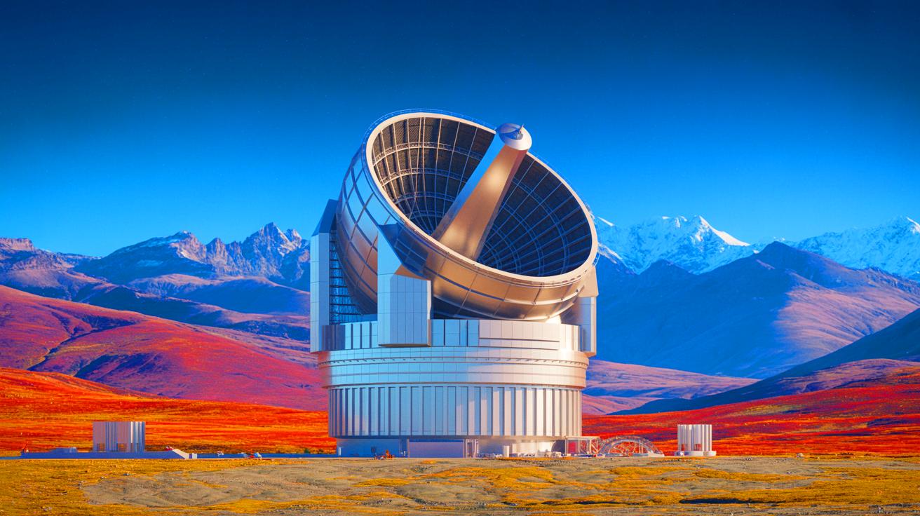 Illustration de la construction du plus grand télescope optique sur le plateau tibétain. Image réalisée par IA.