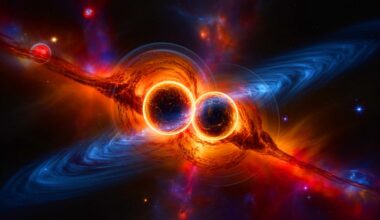 Illustration de trous noirs de masse intermédiaire fusionnant dans l'univers. Image réalisée par IA.