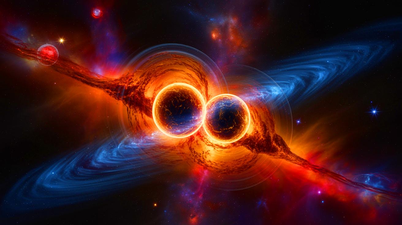 Illustration de trous noirs de masse intermédiaire fusionnant dans l'univers. Image réalisée par IA.