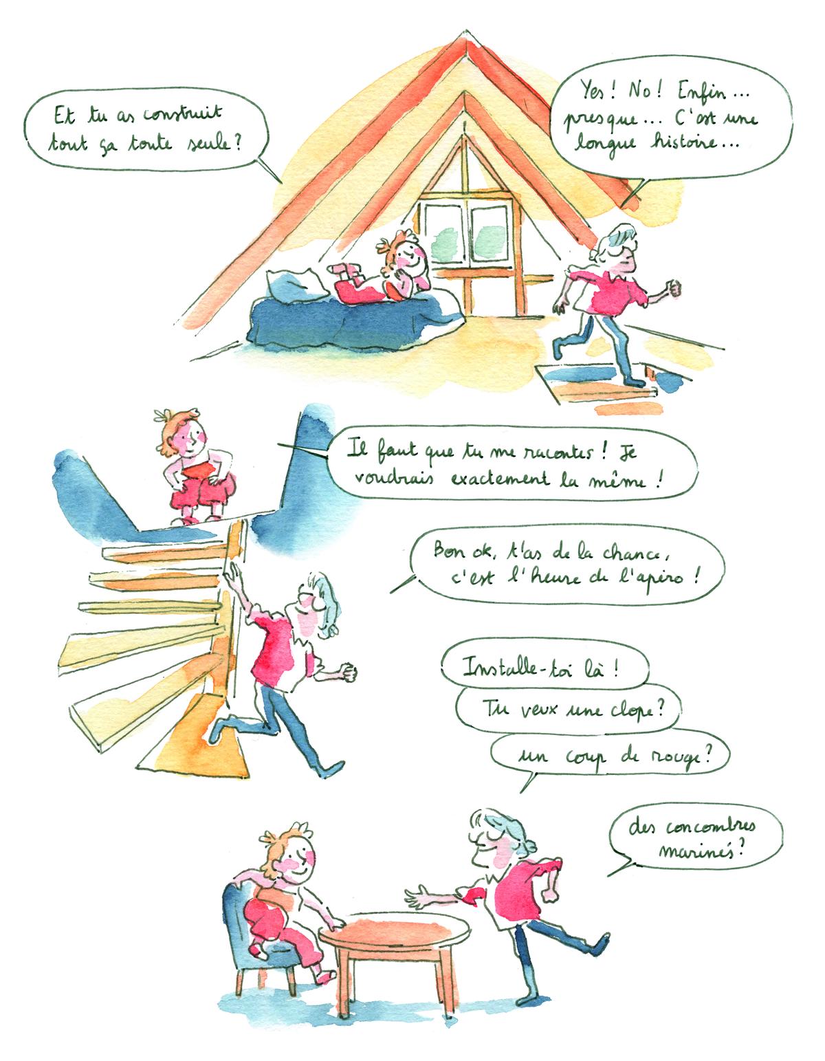 Le scénario s’appuie sur un personnage ingénu auquel Élizabeth Faure présente sa maison et sa construction.
