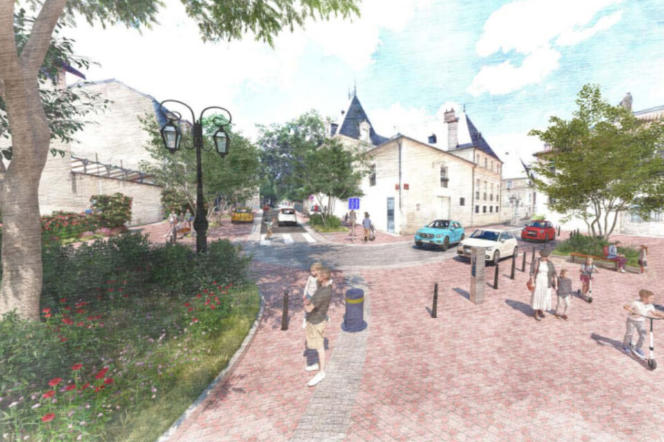 Esquisse d'aménagement depuis la place de l'Arsenal vers l'hôtel des Loups.