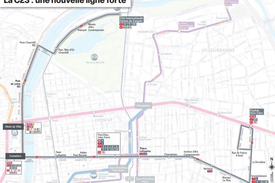 La carte de la nouvelle ligne C23 du réseau TCL.