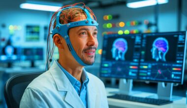 Illustration de l'interface cerveau-ordinateur permettant à un patient paralysé de communiquer en temps réel. Image réalisée par IA.