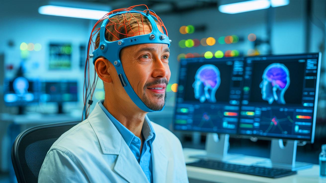 Illustration de l'interface cerveau-ordinateur permettant à un patient paralysé de communiquer en temps réel. Image réalisée par IA.