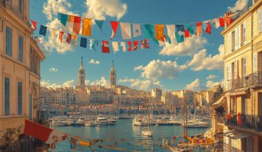 Drapeaux colorés surplombant un port méditerranéen animé