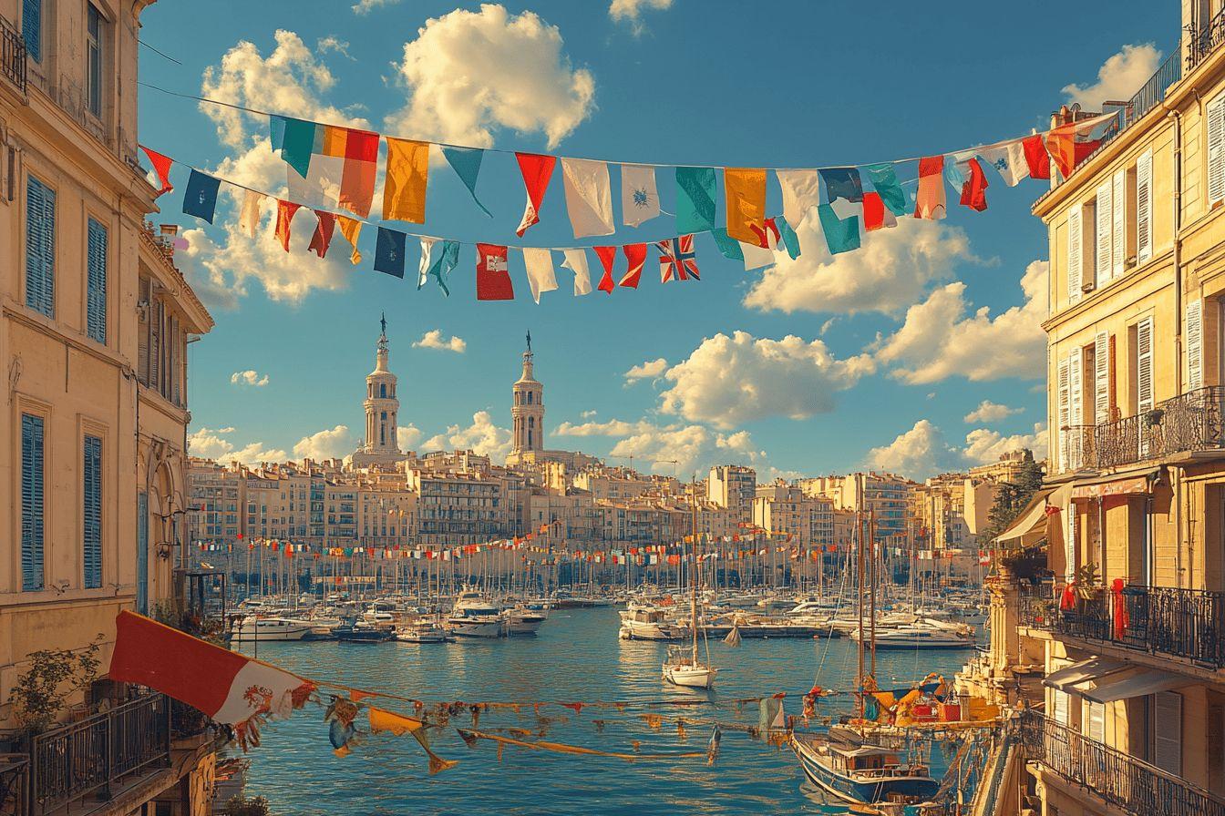 Drapeaux colorés surplombant un port méditerranéen animé