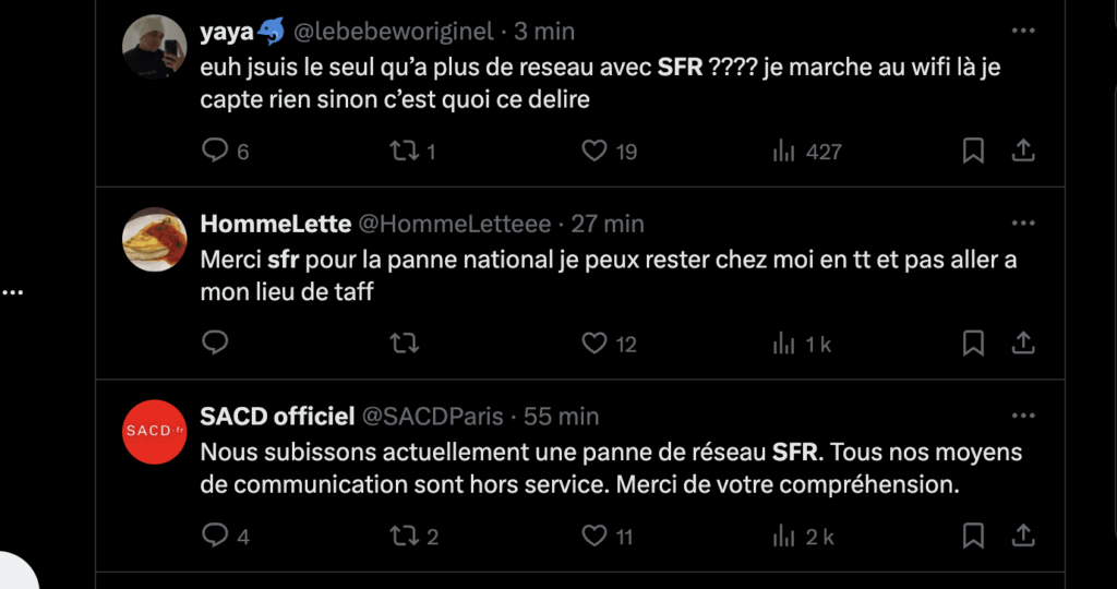 Sur Twitter, les internautes signalent des pannes chez SFR depuis environ 11 heures.