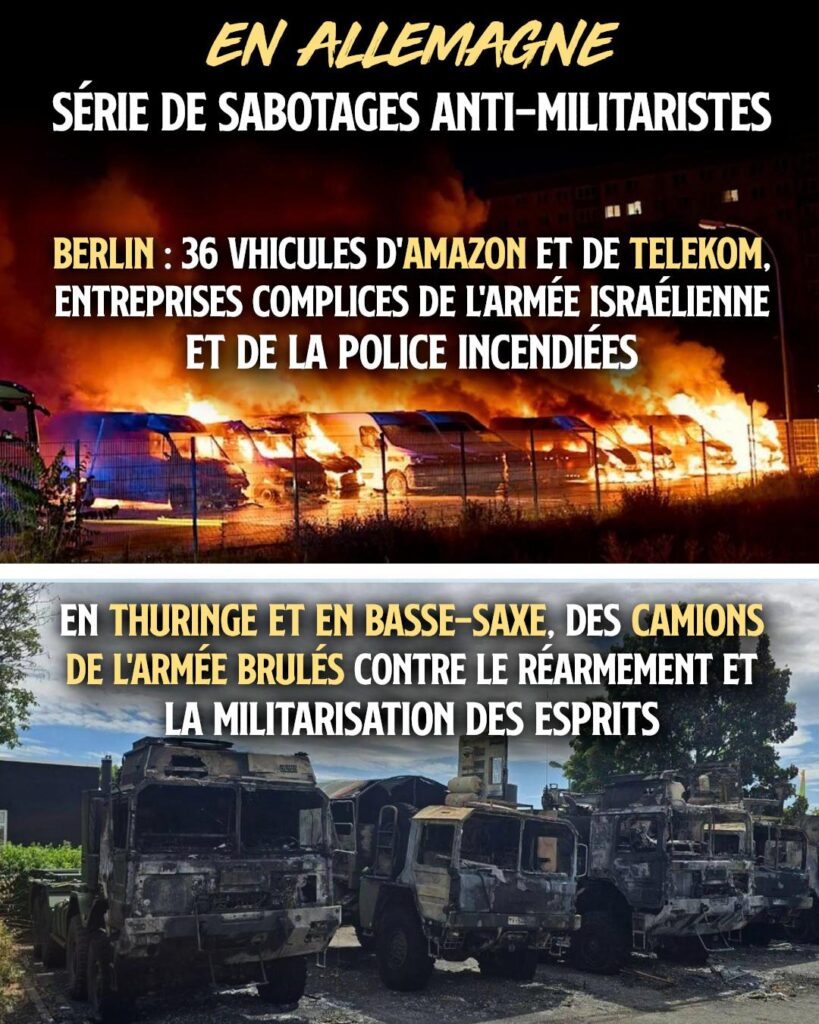 En haut : des camionnettes d'entreprises complices de la militarisation et du génocide à Gaza en flammes en Allemagne.
En bas : Des camions de l'armée allemande calcinés.