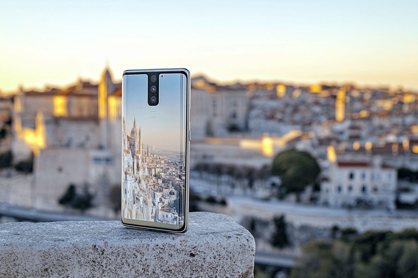 Téléphone sur pierre avec ville blanche en arrière-plan