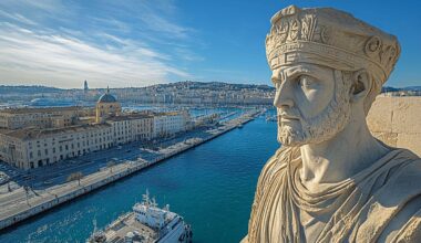 Statue de pierre avec vue sur Marseille et son port