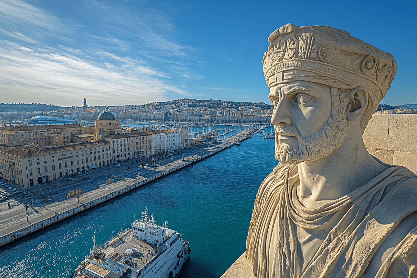 Statue de pierre avec vue sur Marseille et son port