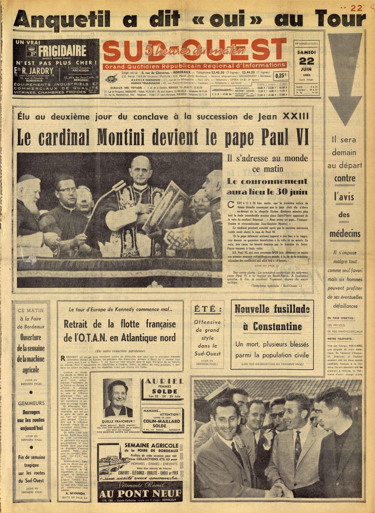Reproduction de la Une de « Sud Ouest » du 22 juin 1963.