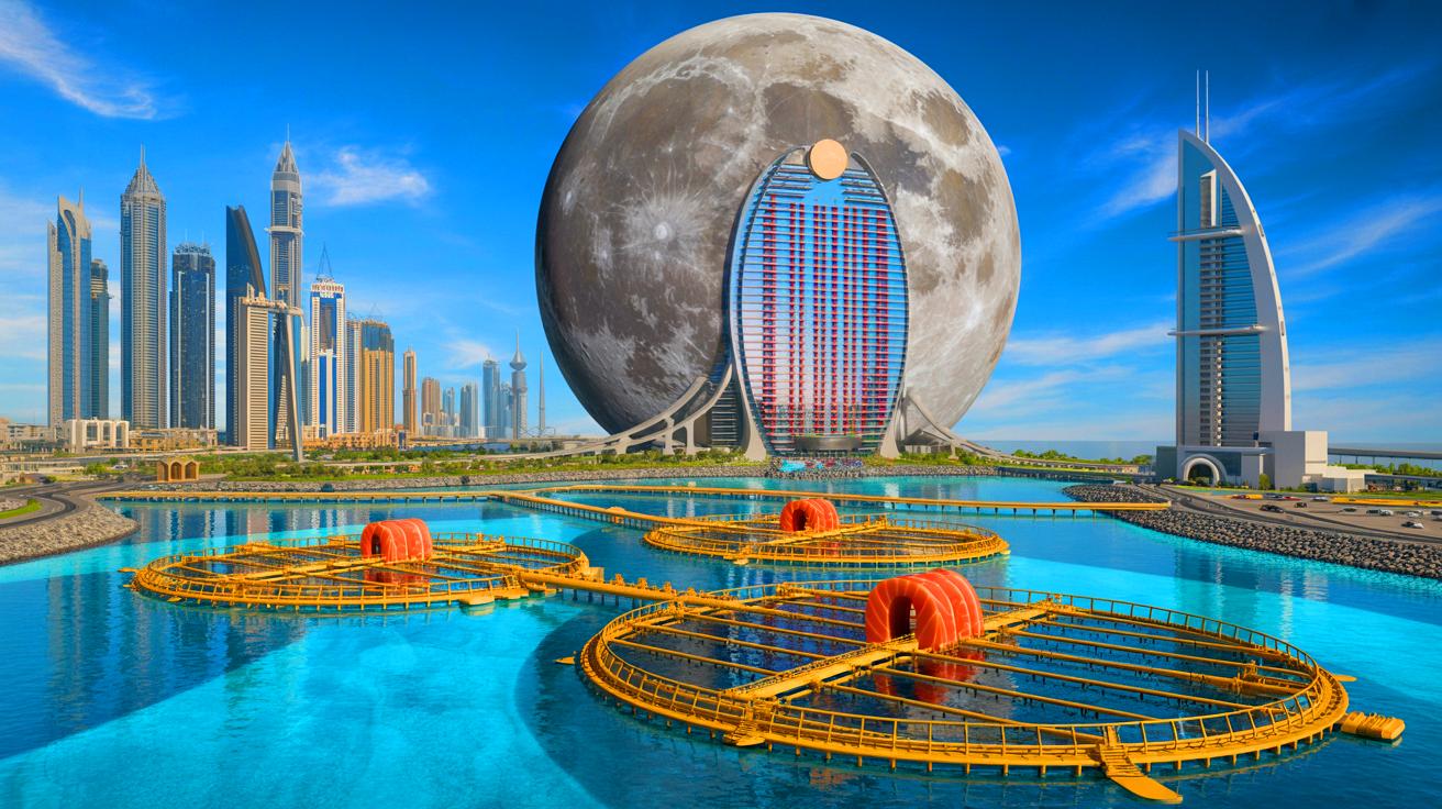 Illustration de projets architecturaux et technologiques audacieux à Dubaï et en Norvège. Image réalisée par IA.