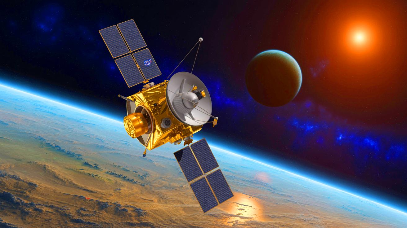Illustration de la sonde GIRO de la NASA cartographiant une exoplanète à l'aide de signaux radio. Image réalisée par IA.