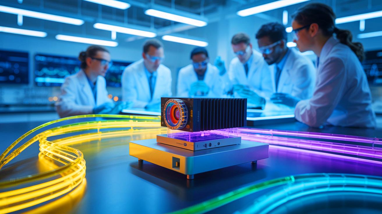 Illustration de l'amplificateur optique développé par des chercheurs suédois pour améliorer la transmission de données et ses applications médicales. Image réalisée par IA.