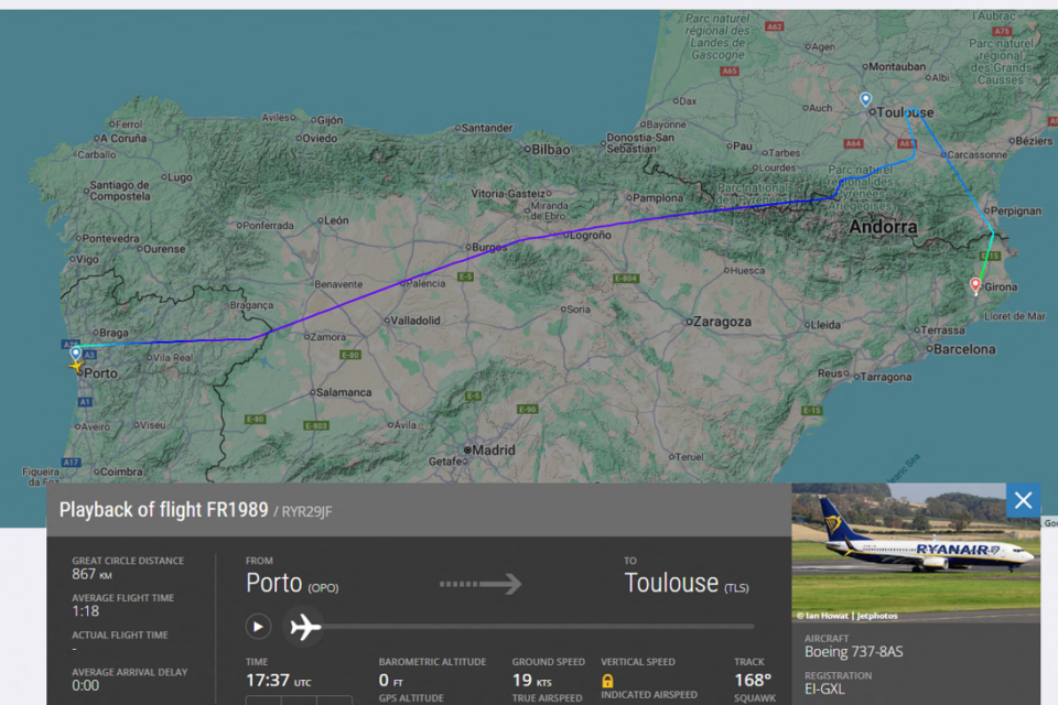 Parti de Porto, l'avion a fait demi-tour au niveau de Revel pour prendre la direction de Gérone au lieu de Toulouse.
