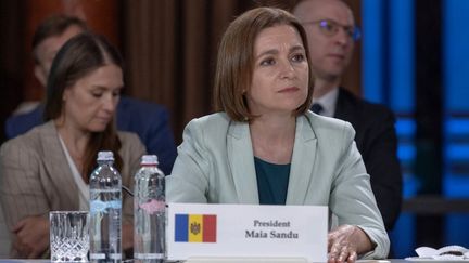 La présidente de la Moldavie, Maia Sandu, lors du sommet Ukraine-Europe du Sud-Est à Odessa, le 11 juin 2025. (OLEKSANDR GIMANOV / AFP)