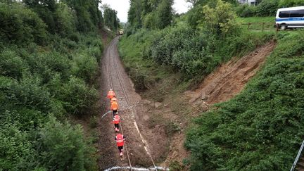 Des employés de la compagnie ferroviaire allemande, la Deutsche Bahn, inspectent les rails à proximité de la commune de Riedlingen (sud-ouest de l'Allemagne) où un train a déraillé, au lendemain du drame, le 28 juillet 2025. (KARL-JOSEF HILDENBRAND / AFP)