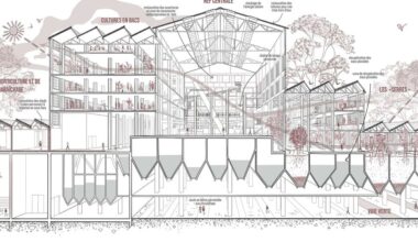 le lavoir des Chavannes, reconquête d'une friche minière (Montceau-les-Mines), un dessin de Daphnée Duc de l'ENSA Nancy, sous la direction de Aurélie Husson, Nicolas Beyret et Élise Pagel-Prevoteau