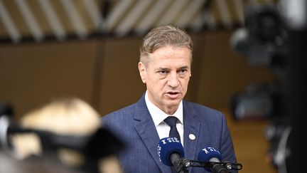 Le Premier ministre slovène Robert Golob s'adresse aux médias avant le Conseil européen à Bruxelles, le 26 juin 2025. (DANIEL PIER / NURPHOTO / AFP)