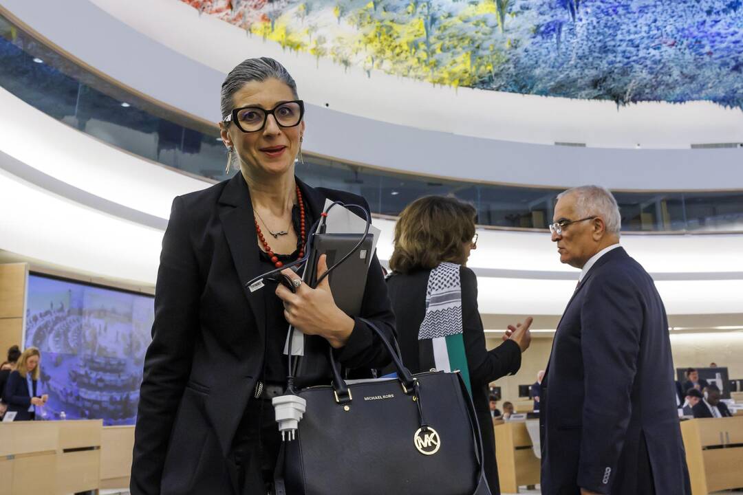 La rapporteuse spéciale de l'ONU Francesca Albanese au Palais des Nations à Genève, mardi 26 mars 2024. (KEYSTONE/Salvatore Di Nolfi) — © SALVATORE DI NOLFI / keystone-sda.ch