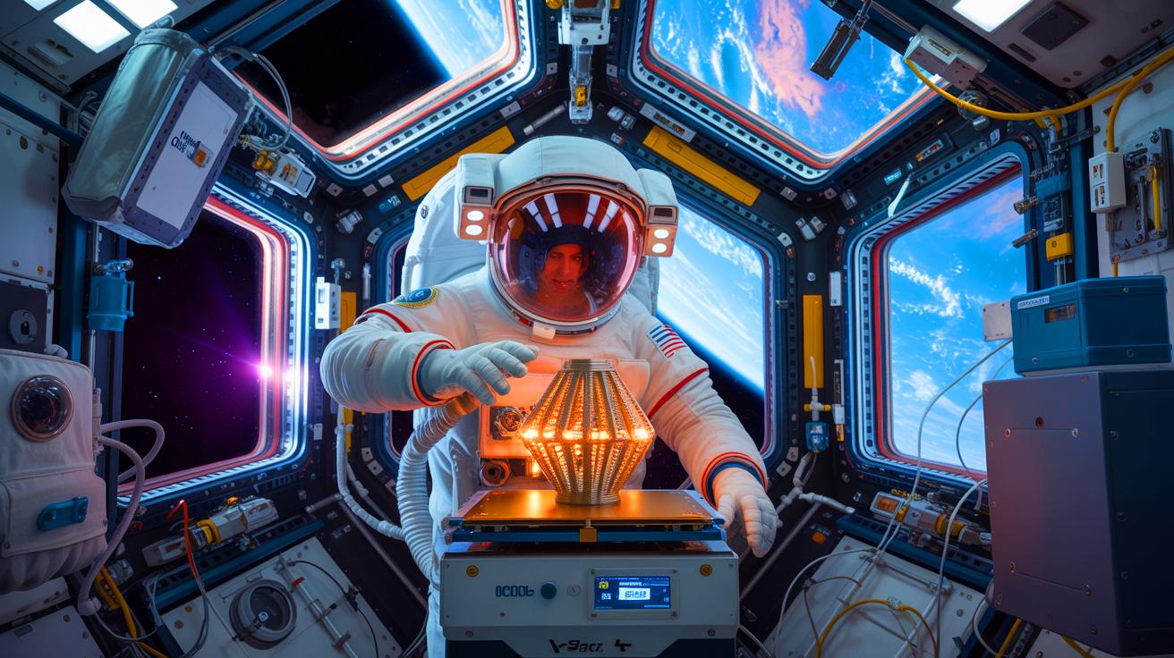 Illustration de l'impression 3D en microgravité à bord de la Station spatiale internationale. Image réalisée par IA.