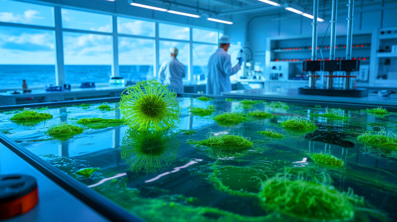Illustration de microalgues ressuscitées après 7 000 ans dans les sédiments de la mer Baltique. Image réalisée par IA.
