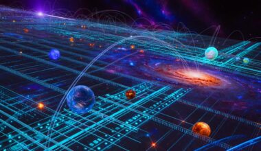 Illustration de l'Univers fonctionnant comme un ordinateur géant optimisant le traitement de l'information. Image réalisée par IA.