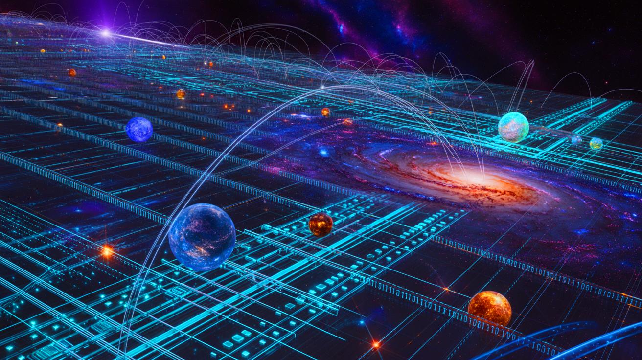 Illustration de l'Univers fonctionnant comme un ordinateur géant optimisant le traitement de l'information. Image réalisée par IA.
