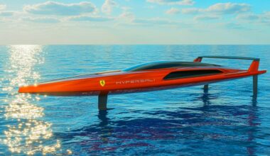 Illustration de la conception du yacht Hypersail de Ferrari, générée par intelligence artificielle.
