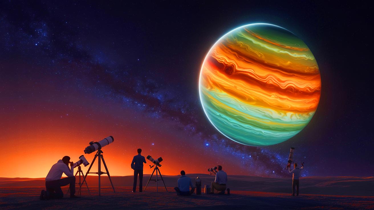 Illustration de l'exoplanète géante TOI-4465 b avec ses caractéristiques orbitales atypiques. Image réalisée par IA.