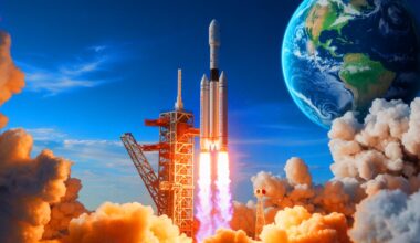 Illustration de la mise en orbite des premiers satellites du projet Qianfan par la Chine, générant des débris spatiaux, créée par intelligence artificielle.