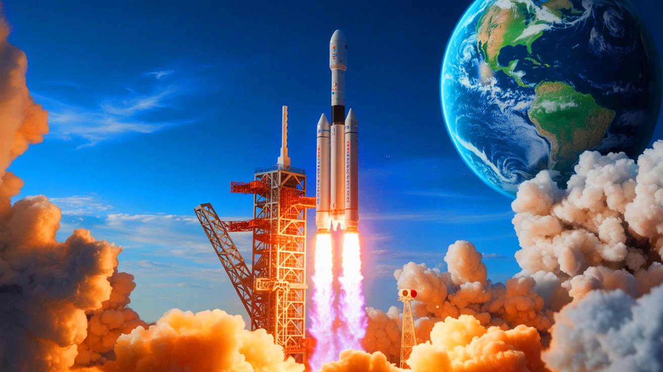 Illustration de la mise en orbite des premiers satellites du projet Qianfan par la Chine, générant des débris spatiaux, créée par intelligence artificielle.