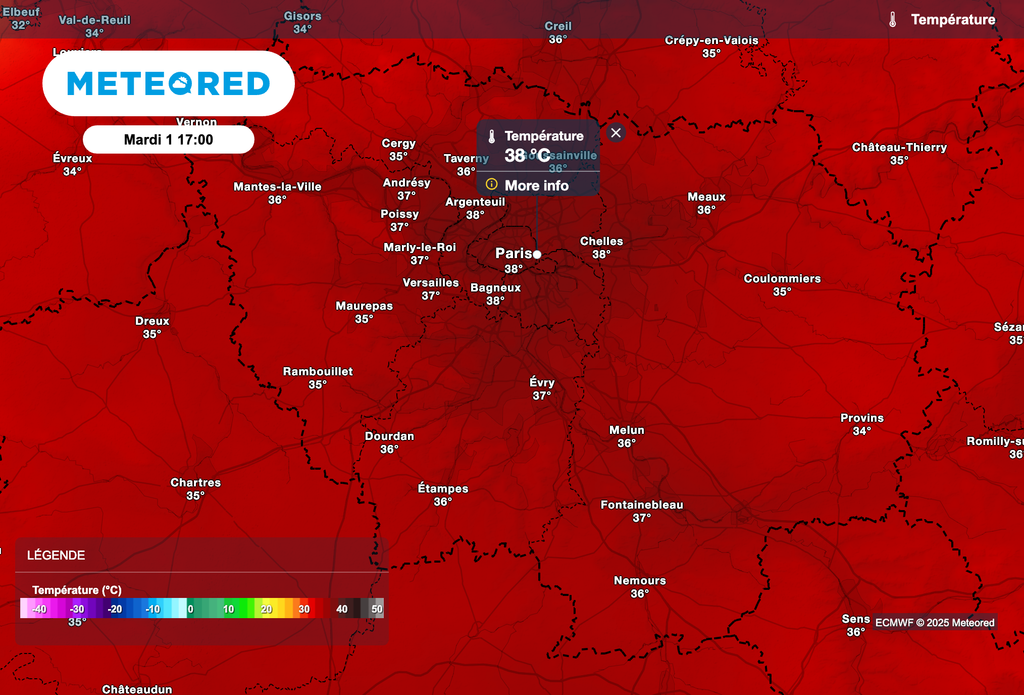 39°C à Paris mardi après-midi. Localement, des pointes à près de 40 degrés.