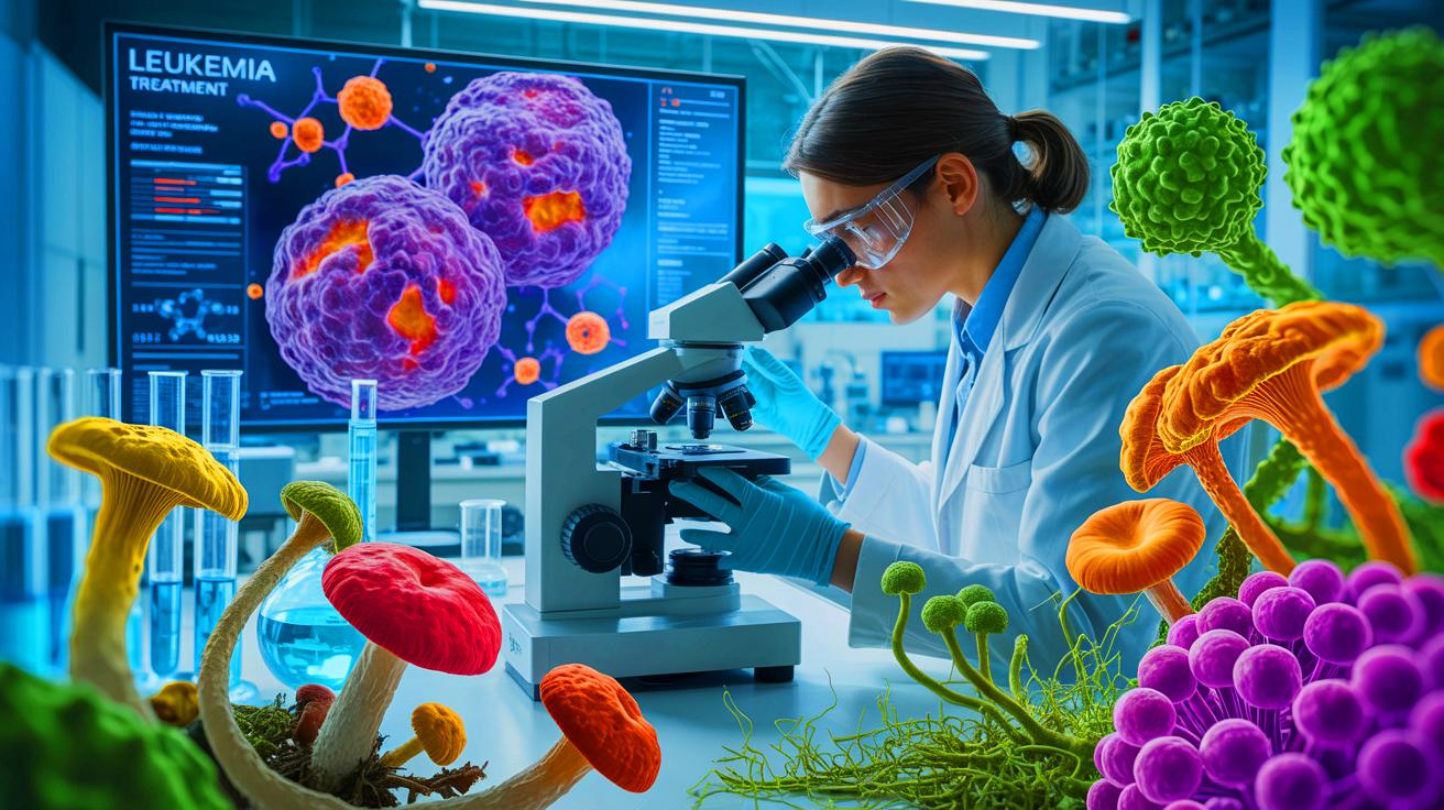 Illustration de la lutte contre la leucémie grâce au champignon Aspergillus flavus. Image réalisée par IA.