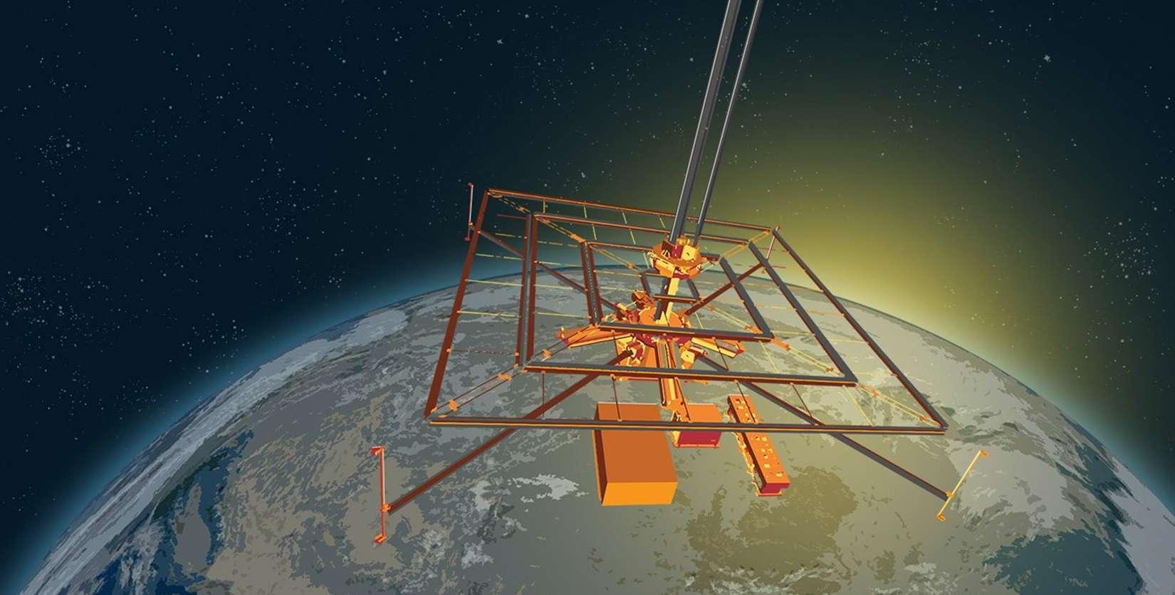 Illustration du projet de puissance solaire spatiale, prototype de station solaire. © Caltech