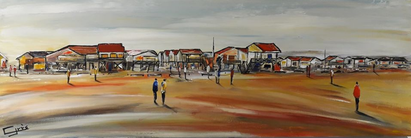 Gruissan au temps de mars (2021, 40 cm x 120 cm), une toile représentant la célèbre plage des chalets.
