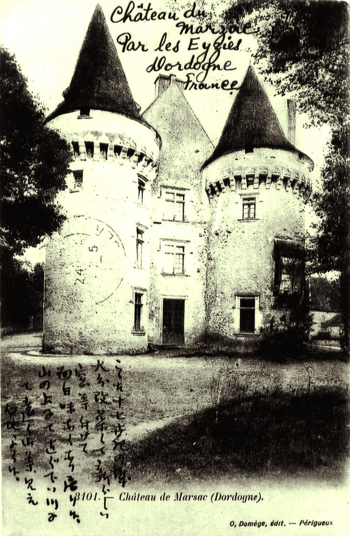 Une carte postale du château de Marzac envoyée au Japon sur laquelle Foujita a écrit en japonais.