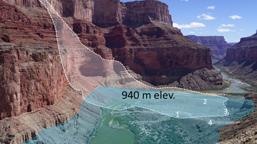 Illustration schématique décrivant l'emplacement du barrage et de l'ancien lac causé par le blocage du fleuve Colorado. // Source : Karl Karlstrom 
