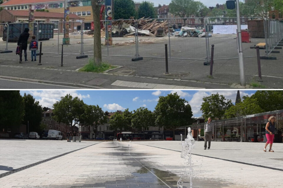 Avant/après : voici la place du marché de La Madeleine au commencement des travaux, en mai 2024, puis sa nouvelle version début juillet 2025.