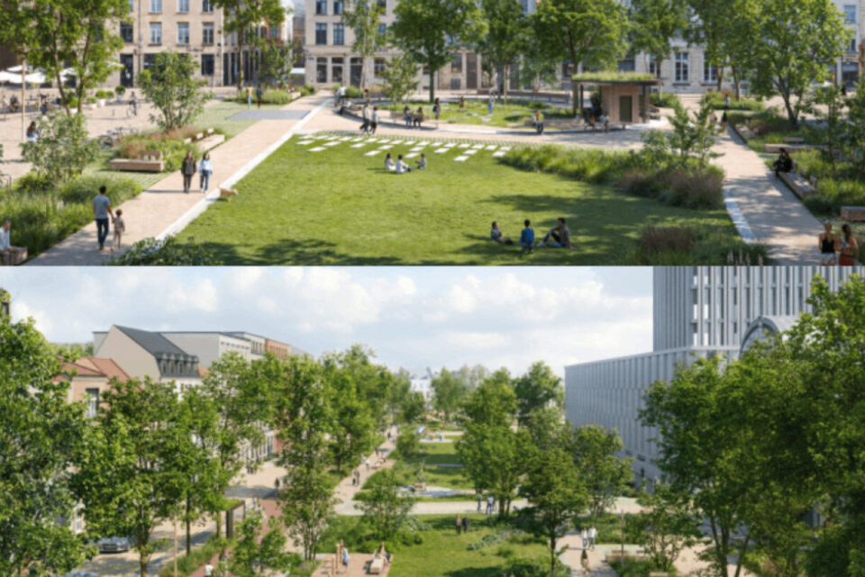 La place Louise de Bettignies, en haut, sera encore plus verte et le parking souterrain sera conservé. En face du tribunal (en bas), le cadre sera méconnaissable.