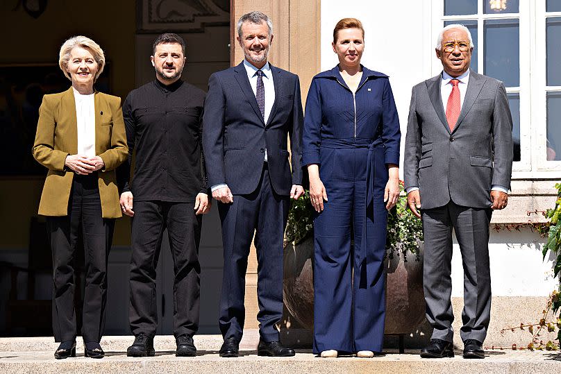 Le président ukrainien Volodmyr Zelensky au château de Marselisborg à l'occasion de la reprise de la présidence de l'UE par le Danemark à Aarhus, 3 juillet 2025